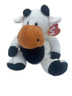 Ty Beanie Baby Plush Cow “Grazer” Stuffed Animal - White, Black & Brown Muzzle